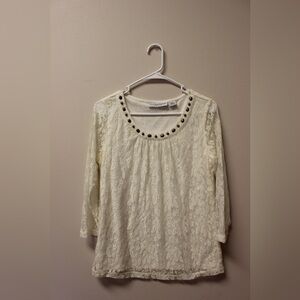 Sag Harbor Cream Lace Blouse with Studded Neckline